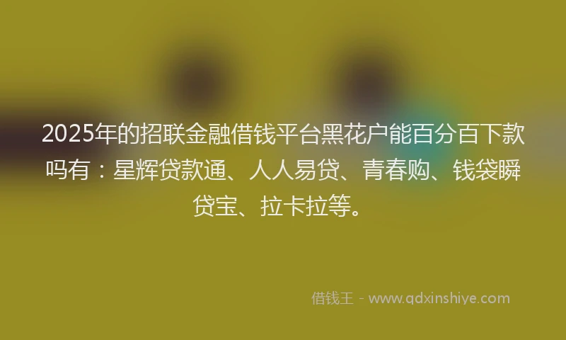 2025年的招联金融借钱平台黑花户能百分百下款吗有：星辉贷款通、人人易贷、青春购、钱袋瞬贷宝、拉卡拉等。