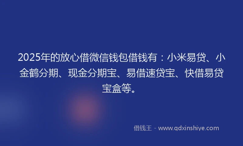 2025年的放心借微信钱包借钱有：小米易贷、小金鹤分期、现金分期宝、易借速贷宝、快借易贷宝盒等。