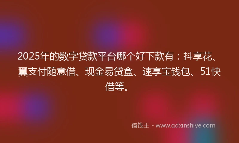 2025年的数字贷款平台哪个好下款有：抖享花、翼支付随意借、现金易贷盒、速享宝钱包、51快借等。