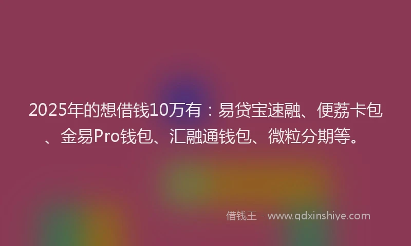 2025年的想借钱10万有：易贷宝速融、便荔卡包、金易Pro钱包、汇融通钱包、微粒分期等。