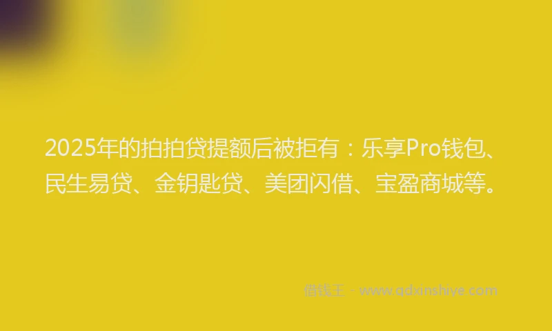 2025年的拍拍贷提额后被拒有：乐享Pro钱包、民生易贷、金钥匙贷、美团闪借、宝盈商城等。