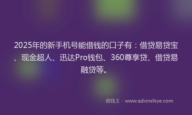 2025年的新手机号能借钱的口子有：借贷易贷宝、现金超人、迅达Pro钱包、360尊享贷、借贷易融贷等。