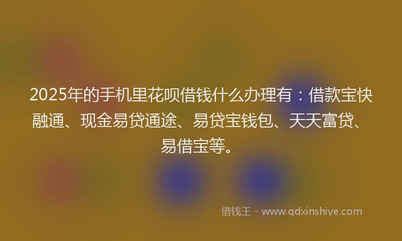 2025年的手机里花呗借钱什么办理有：借款宝快融通、现金易贷通途、易贷宝钱包、天天富贷、易借宝等。