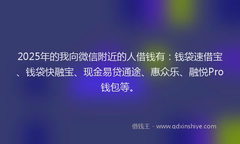 2025年的我向微信附近的人借钱有：钱袋速借宝、钱袋快融宝、现金易贷通途、惠众乐、融悦Pro钱包等。