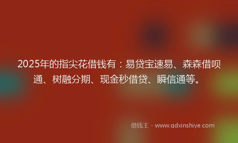 2025年的指尖花借钱有：易贷宝速易、森森借呗通、树融分期、现金秒借贷、瞬信通等。