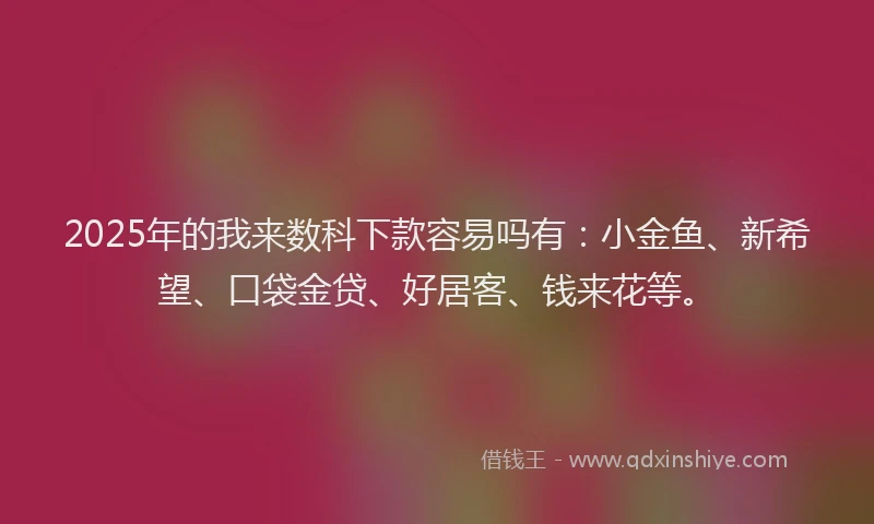 2025年的我来数科下款容易吗有：小金鱼、新希望、口袋金贷、好居客、钱来花等。
