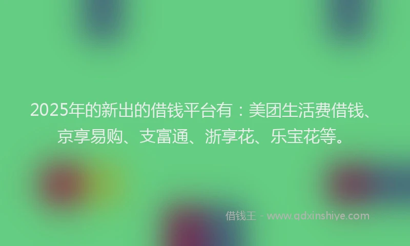 2025年的新出的借钱平台有：美团生活费借钱、京享易购、支富通、浙享花、乐宝花等。