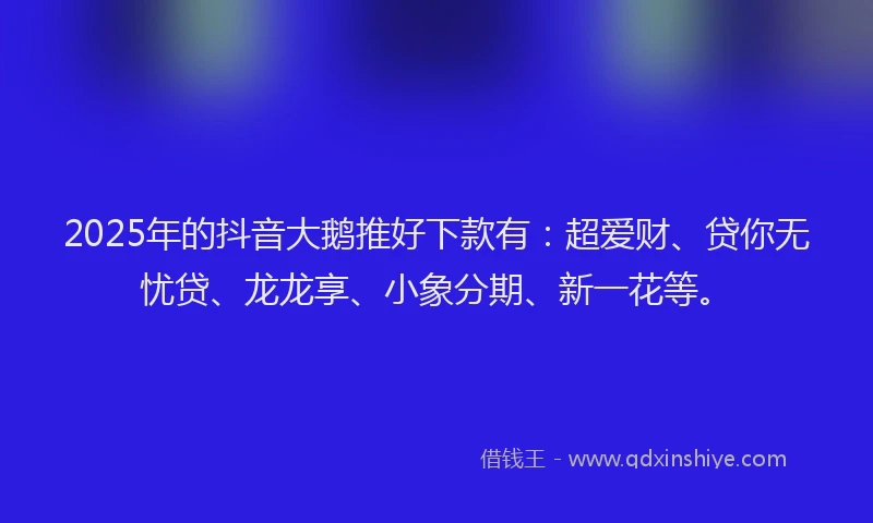 2025年的抖音大鹅推好下款有：超爱财、贷你无忧贷、龙龙享、小象分期、新一花等。