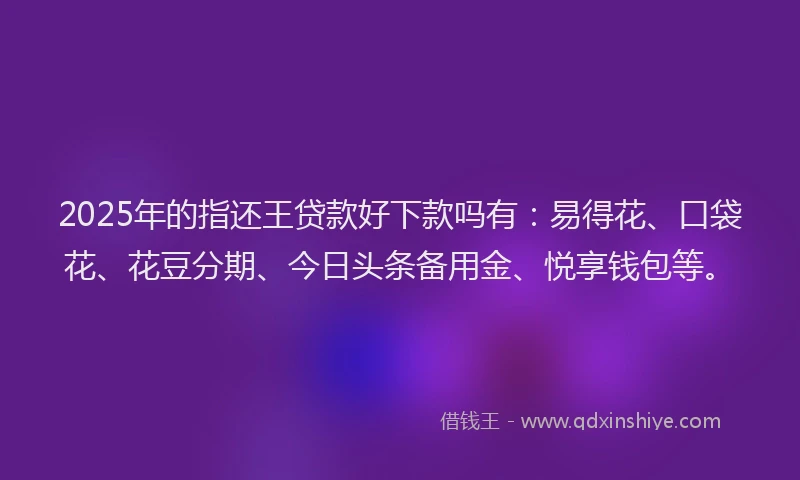 2025年的指还王贷款好下款吗有：易得花、口袋花、花豆分期、今日头条备用金、悦享钱包等。