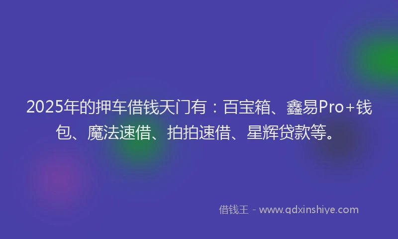2025年的押车借钱天门有：百宝箱、鑫易Pro+钱包、魔法速借、拍拍速借、星辉贷款等。