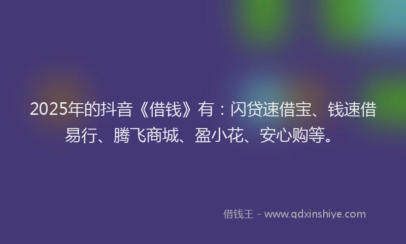 2025年的抖音《借钱》有：闪贷速借宝、钱速借易行、腾飞商城、盈小花、安心购等。