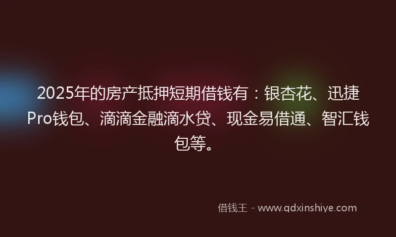 2025年的房产抵押短期借钱有：银杏花、迅捷Pro钱包、滴滴金融滴水贷、现金易借通、智汇钱包等。