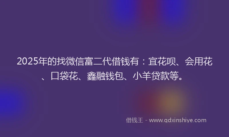 2025年的找微信富二代借钱有：宜花呗、会用花、口袋花、鑫融钱包、小羊贷款等。