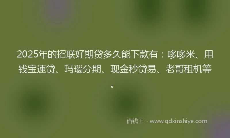 2025年的招联好期贷多久能下款有：哆哆米、用钱宝速贷、玛瑙分期、现金秒贷易、老哥租机等。