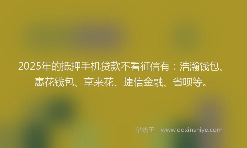 2025年的抵押手机贷款不看征信有：浩瀚钱包、惠花钱包、享来花、捷信金融、省呗等。