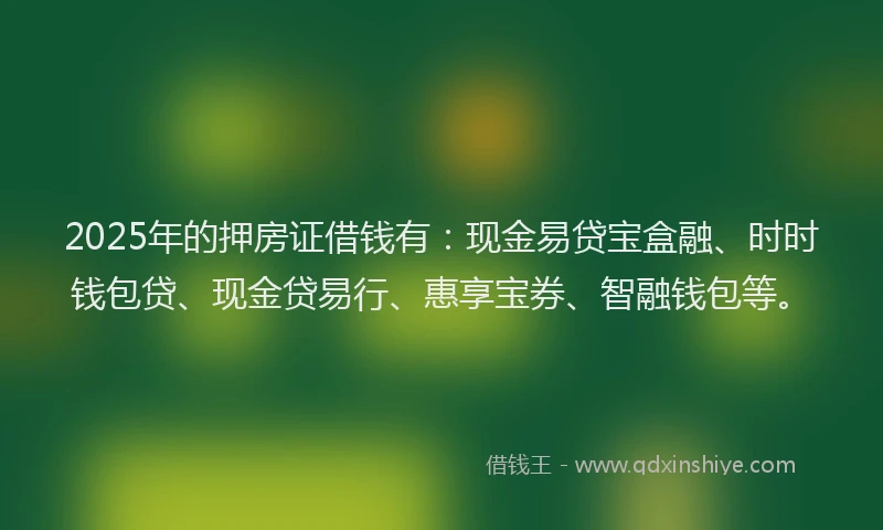 2025年的押房证借钱有：现金易贷宝盒融、时时钱包贷、现金贷易行、惠享宝券、智融钱包等。