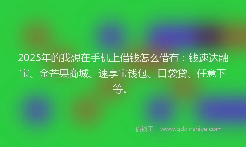 2025年的我想在手机上借钱怎么借有：钱速达融宝、金芒果商城、速享宝钱包、口袋贷、任意下等。