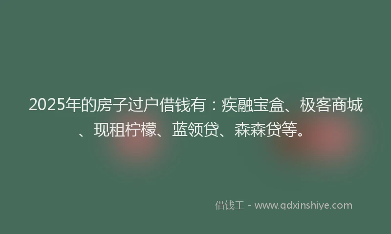 2025年的房子过户借钱有：疾融宝盒、极客商城、现租柠檬、蓝领贷、森森贷等。