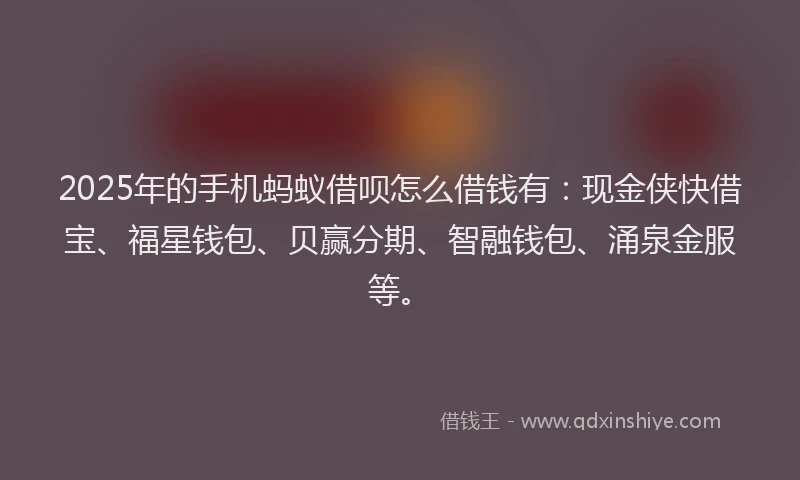 2025年的手机蚂蚁借呗怎么借钱有：现金侠快借宝、福星钱包、贝赢分期、智融钱包、涌泉金服等。