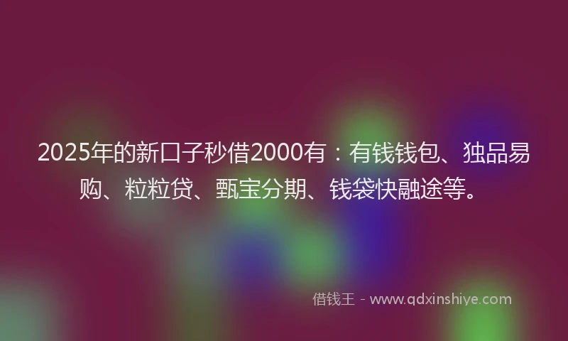 2025年的新口子秒借2000有：有钱钱包、独品易购、粒粒贷、甄宝分期、钱袋快融途等。