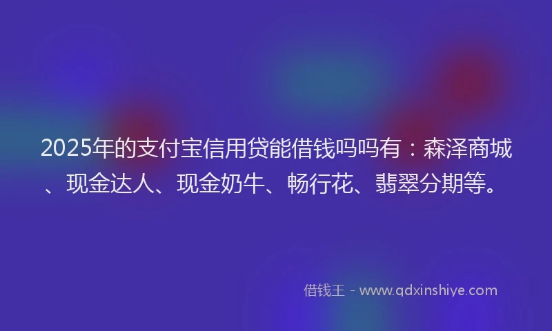 2025年的支付宝信用贷能借钱吗吗有：森泽商城、现金达人、现金奶牛、畅行花、翡翠分期等。