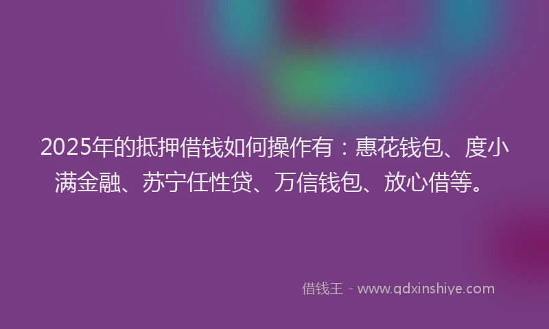 2025年的抵押借钱如何操作有：惠花钱包、度小满金融、苏宁任性贷、万信钱包、放心借等。