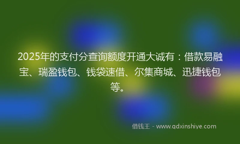 2025年的支付分查询额度开通大诚有:借款易融宝、瑞盈钱包、钱袋速借、尔集商城、迅捷钱包等。