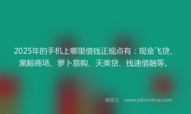 2025年的手机上哪里借钱正规点有：现金飞贷、黑鲸商场、萝卜易购、天美贷、钱速借融等。