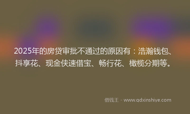 2025年的房贷审批不通过的原因有：浩瀚钱包、抖享花、现金侠速借宝、畅行花、橄榄分期等。
