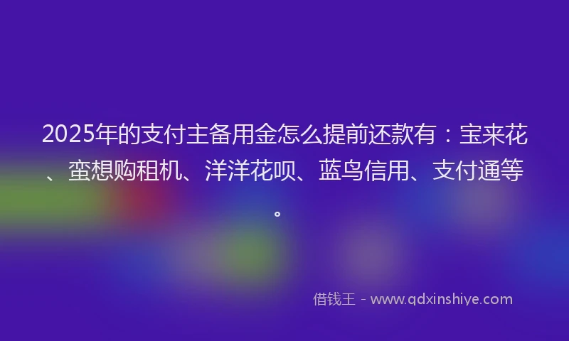 2025年的支付主备用金怎么提前还款有：宝来花、蛮想购租机、洋洋花呗、蓝鸟信用、支付通等。