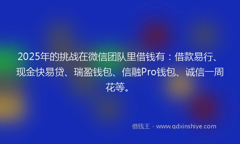 2025年的挑战在微信团队里借钱有：借款易行、现金快易贷、瑞盈钱包、信融Pro钱包、诚信一周花等。