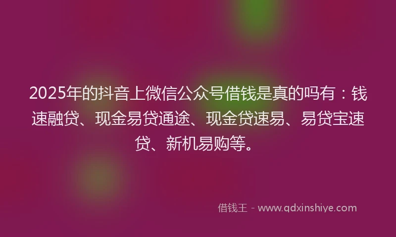 2025年的抖音上微信公众号借钱是真的吗有：钱速融贷、现金易贷通途、现金贷速易、易贷宝速贷、新机易购等。