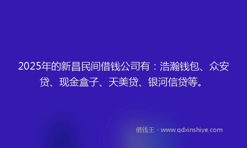 2025年的新昌民间借钱公司有：浩瀚钱包、众安贷、现金盒子、天美贷、银河信贷等。