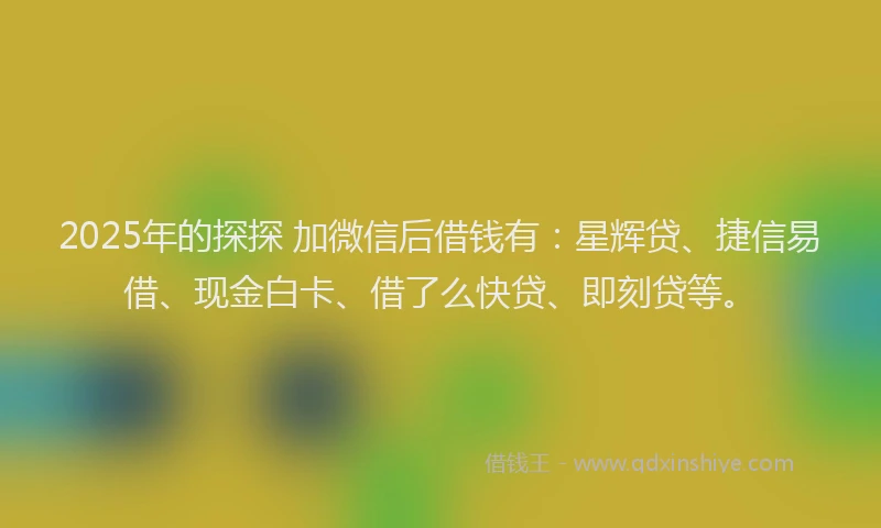 2025年的探探 加微信后借钱有：星辉贷、捷信易借、现金白卡、借了么快贷、即刻贷等。