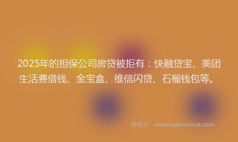2025年的担保公司房贷被拒有：快融贷宝、美团生活费借钱、金宝盒、维信闪贷、石榴钱包等。