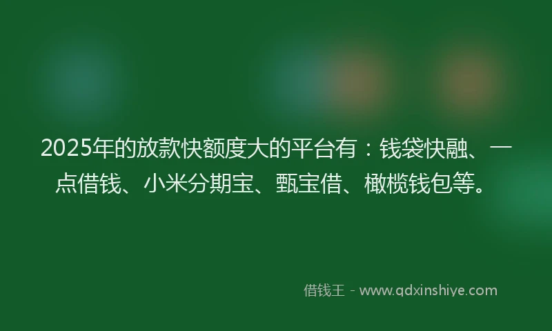 2025年的放款快额度大的平台有：钱袋快融、一点借钱、小米分期宝、甄宝借、橄榄钱包等。