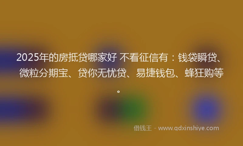 2025年的房抵贷哪家好 不看征信有：钱袋瞬贷、微粒分期宝、贷你无忧贷、易捷钱包、蜂狂购等。