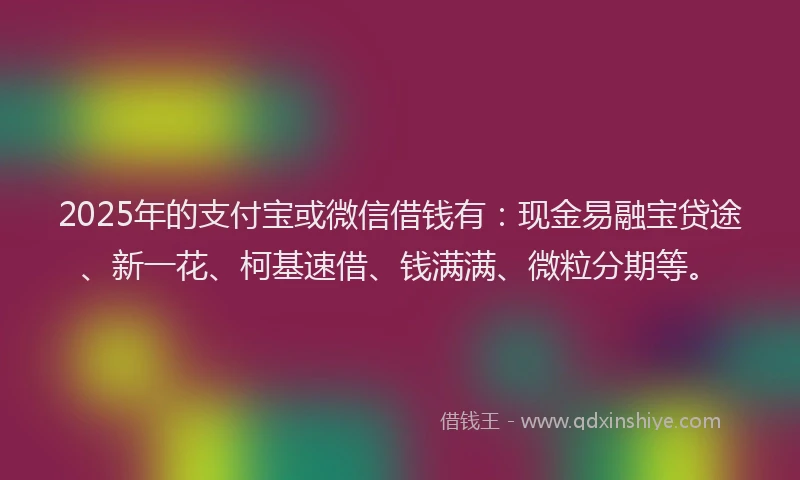 2025年的支付宝或微信借钱有：现金易融宝贷途、新一花、柯基速借、钱满满、微粒分期等。