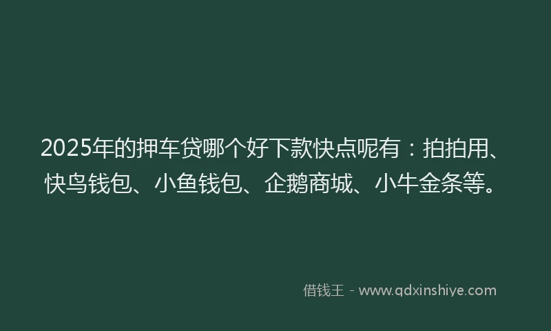 2025年的押车贷哪个好下款快点呢有：拍拍用、快鸟钱包、小鱼钱包、企鹅商城、小牛金条等。