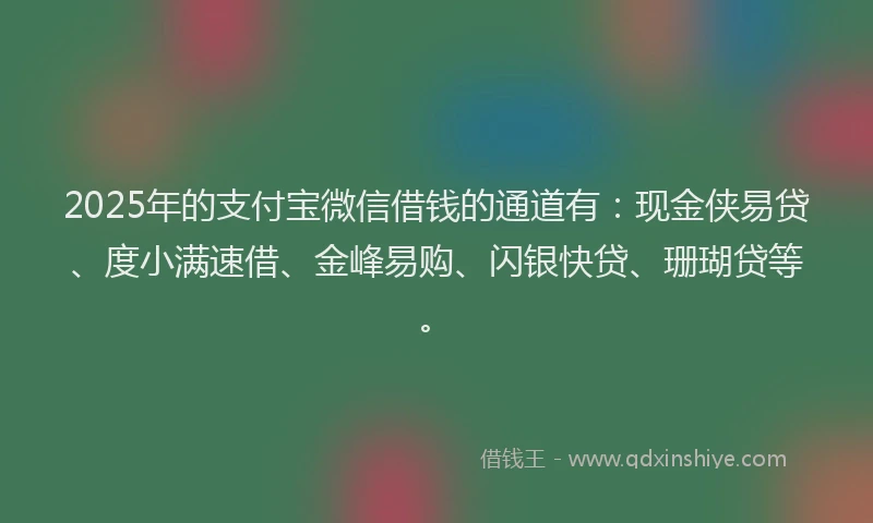 2025年的支付宝微信借钱的通道有：现金侠易贷、度小满速借、金峰易购、闪银快贷、珊瑚贷等。