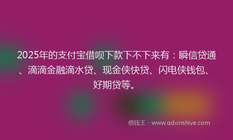 2025年的支付宝借呗下款下不下来有：瞬信贷通、滴滴金融滴水贷、现金侠快贷、闪电侠钱包、好期贷等。