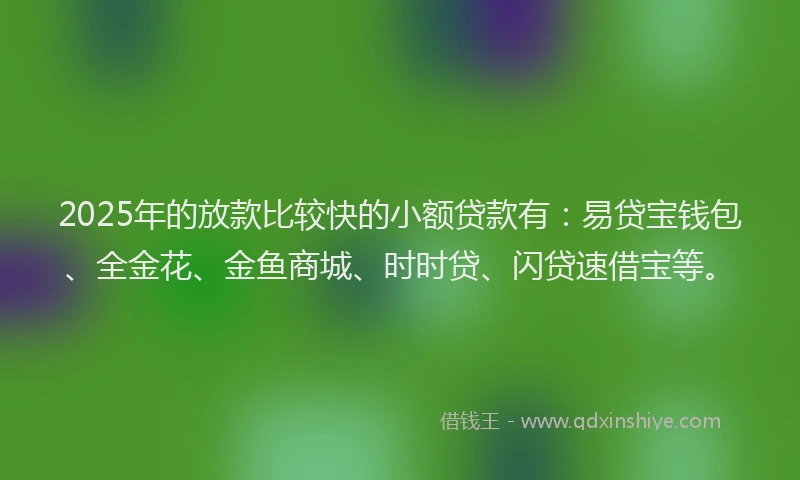 2025年的放款比较快的小额贷款有：易贷宝钱包、全金花、金鱼商城、时时贷、闪贷速借宝等。