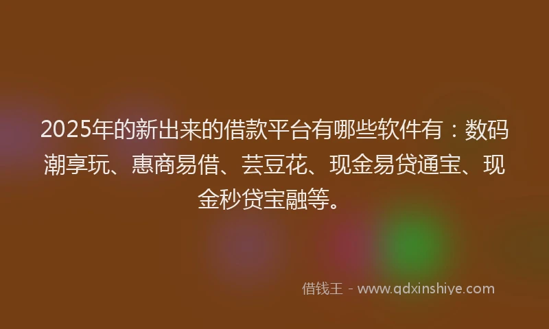 2025年的新出来的借款平台有哪些软件有：数码潮享玩、惠商易借、芸豆花、现金易贷通宝、现金秒贷宝融等。