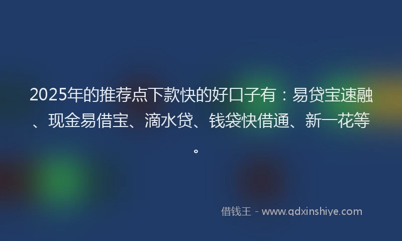 2025年的推荐点下款快的好口子有：易贷宝速融、现金易借宝、滴水贷、钱袋快借通、新一花等。