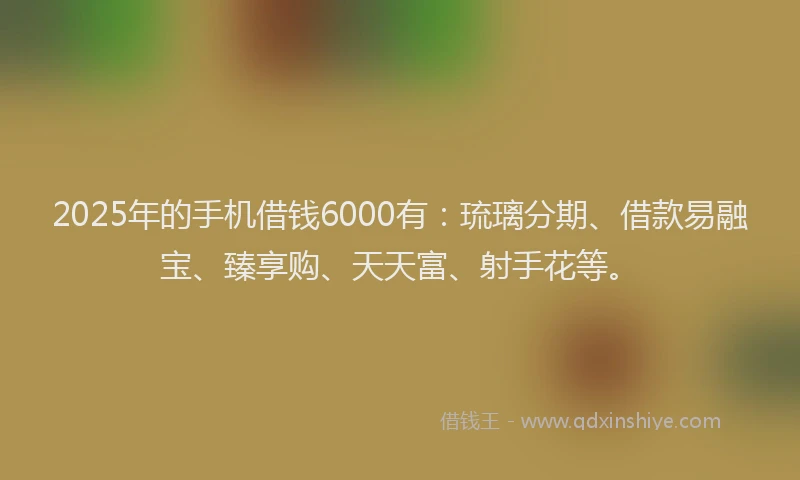 2025年的手机借钱6000有：琉璃分期、借款易融宝、臻享购、天天富、射手花等。