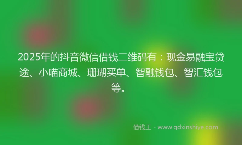 2025年的抖音微信借钱二维码有：现金易融宝贷途、小喵商城、珊瑚买单、智融钱包、智汇钱包等。