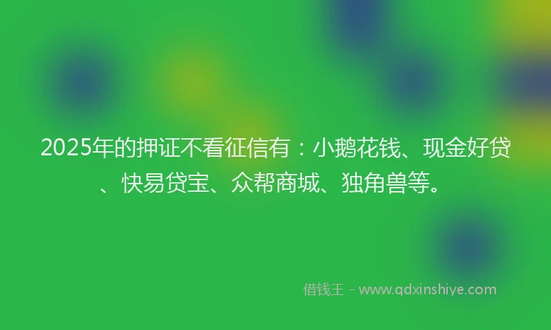 2025年的押证不看征信有：小鹅花钱、现金好贷、快易贷宝、众帮商城、独角兽等。