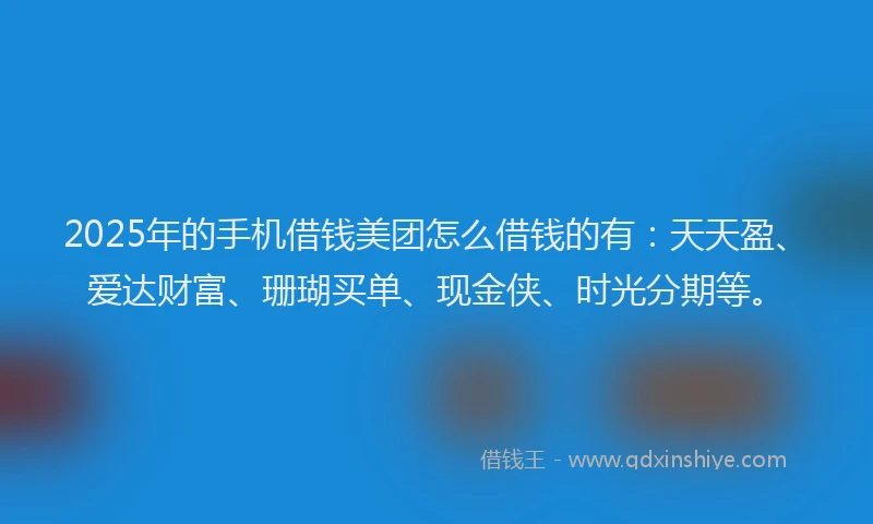 2025年的手机借钱美团怎么借钱的有：天天盈、爱达财富、珊瑚买单、现金侠、时光分期等。