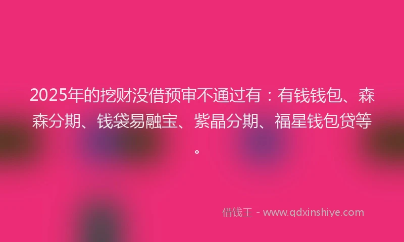 2025年的挖财没借预审不通过有：有钱钱包、森森分期、钱袋易融宝、紫晶分期、福星钱包贷等。