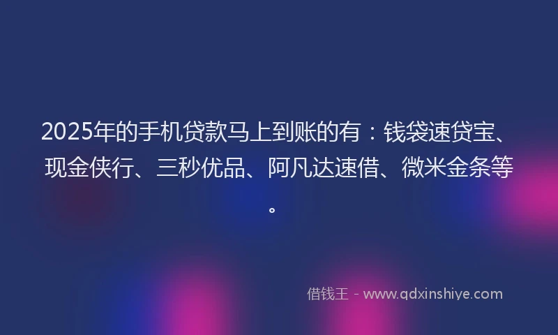2025年的手机贷款马上到账的有：钱袋速贷宝、现金侠行、三秒优品、阿凡达速借、微米金条等。
